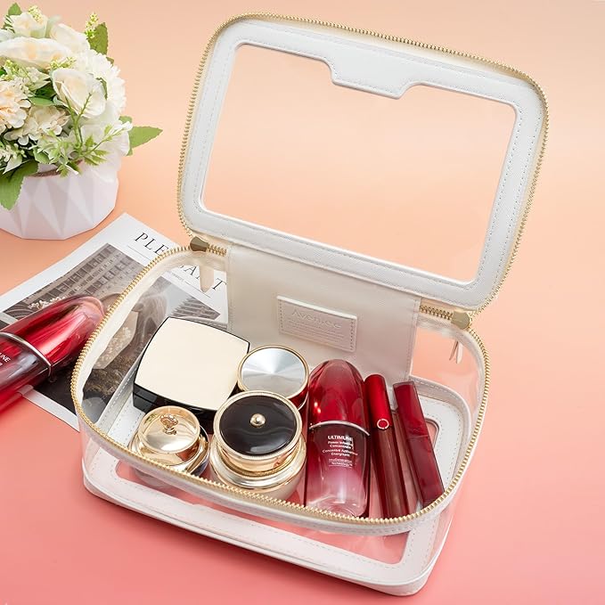 Aveniee Clear Makeup Bag, Large Transparent Cosmetic Pouch with Dual Zippers, Travel Toiletry Case Car Organization for Women Enssantials (Off-White)