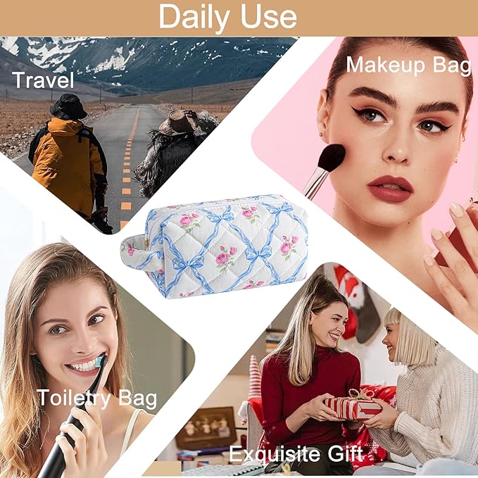 Makeup Bag Travel Cosmetic Bag for Women, Zipper Make Up Pouch, Floral Flowers Toiletry Organizer Makeup with Handle, Cosmetic Travel Cloth Bag (Blue Bowknot)