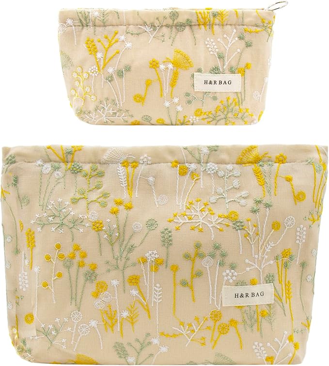 2 Pcs Makeup Bags, Large Cosmetic Bag Travel Toiletry Bag Organizer for Women, Embroidery Craft, Floral Makeup Bag Small Cosmetic Pouch Purse with Zipper Gifts for Girls Teen