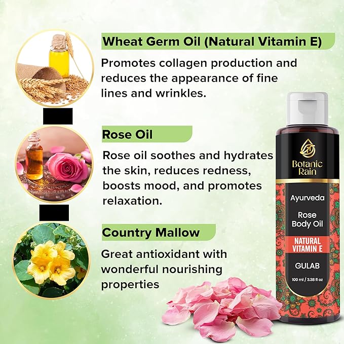 Ayurveda Rose Body Oil, Moisturizing & Hydrating Organic Vitamin E Oil, Body Oils for Women After Shower, Ayurveda Products for Crepey Skin Repair - 3.38 Fl Oz