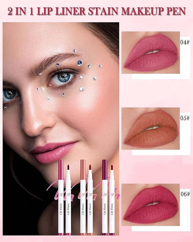 Lip Stain Makeup Pen-Hydrating Lip Tint Stain Lip Liner Tattoo Pencil,Matte Color Look,Longlasting Waterproof Lipstain Lipgloss,Precise Chisel Tip Smooth,Christmas Makeup Gift for Women-02+04+05