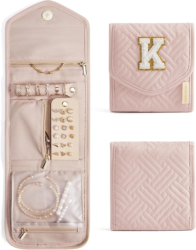 BAGSMART Travel Jewelry Organizer Case K Initial Foldable Jewelry Roll for Journey Rings, Necklaces, Earrings, Bracelets,Mini,Letter K,Soft Pink