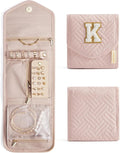 BAGSMART Travel Jewelry Organizer Case K Initial Foldable Jewelry Roll for Journey Rings, Necklaces, Earrings, Bracelets,Mini,Letter K,Soft Pink