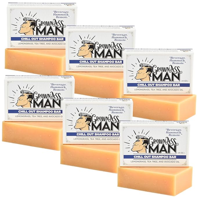 Grown Ass Man Co. - Solid Shampoo Bar Rich Lather 3 in 1: Hair, Beard & Body Wash - Plastic Free & Eco-Friendly, Natural & Organic Clean for All Hair Types, 4oz Bar (Chill Out, 6-Pack)