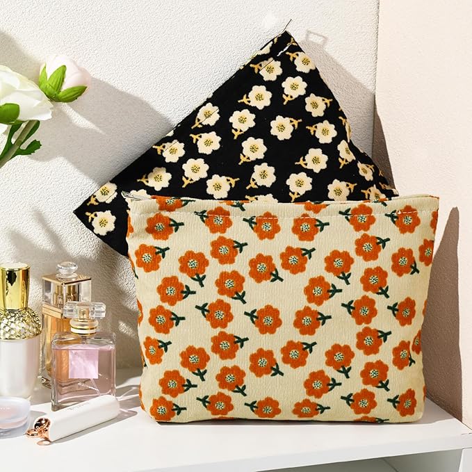 SOIDRAM 2 Pieces Flower Makeup Bag Large Corduroy Cosmetic Bag Capacity Canvas Travel Toiletry Bag Organizer Cute Makeup Brushes Aesthetic Accessories Storage Bag for Women, Flower L Orang Black