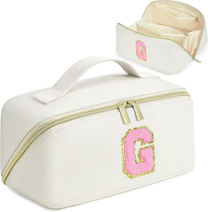 for Christmas Day Gifts, Makeup Bag for Women, PU Leather Travel Toiletry Bags, Initial Make Up Cosmetic Pouch for Teen Girls, Wide Open Portable Skincare Bag, Personalized Birthday Gifts, White G