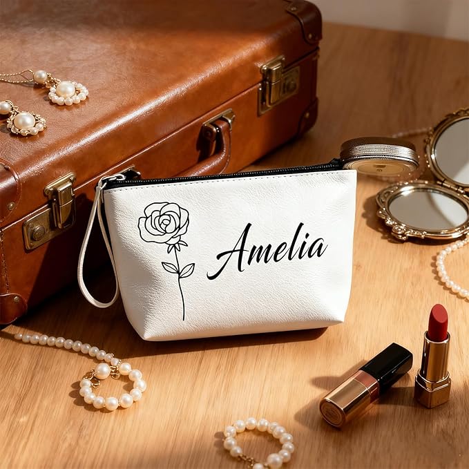 Personalized Makeup Bag Initial&Birth Flower Custom Small Travel Cosmetic Bag with Name Cute Makeup Bag for Women Girls