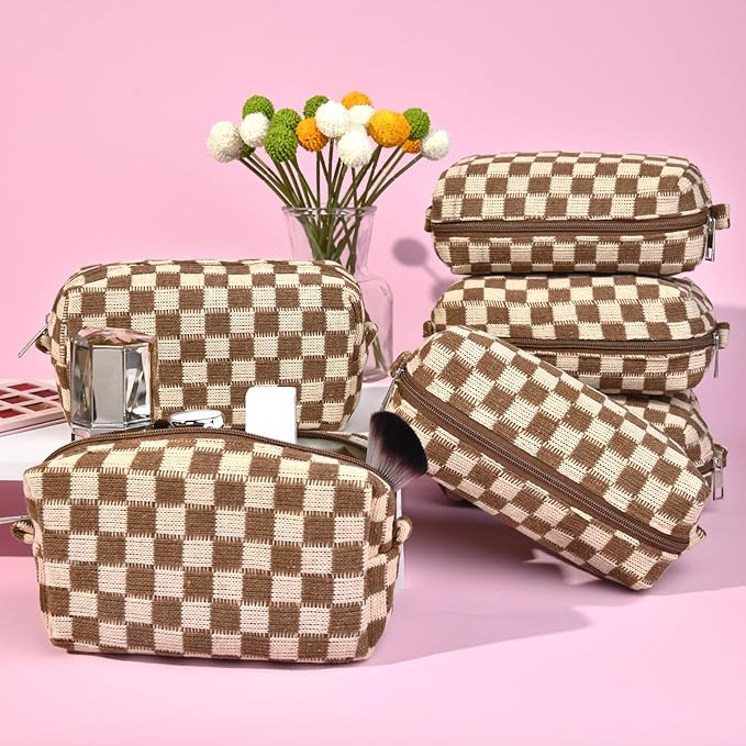 SOIDRAM Checkered Makeup Bag Preppy Cosmetic Bag Bulk Brown Makeup Pouch Personalize Travel Toiletry Bag Organizer Cute DIY Makeup Brushes Storage Bag for Women