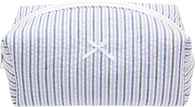PAZIMIIK Cozy Makeup Bag Small Aesthetic Travel Zipper Cosmetic Pouch for Women Make Up Beauty Accessories Brushes, Stripe Blue Mix
