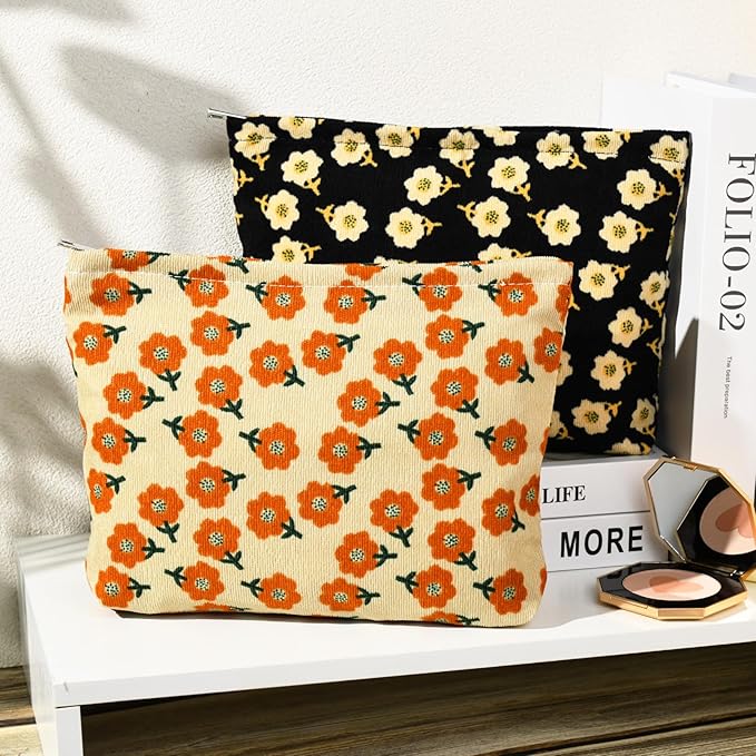 SOIDRAM 2 Pieces Flower Makeup Bag Large Corduroy Cosmetic Bag Capacity Canvas Travel Toiletry Bag Organizer Cute Makeup Brushes Aesthetic Accessories Storage Bag for Women, Flower L Orang Black