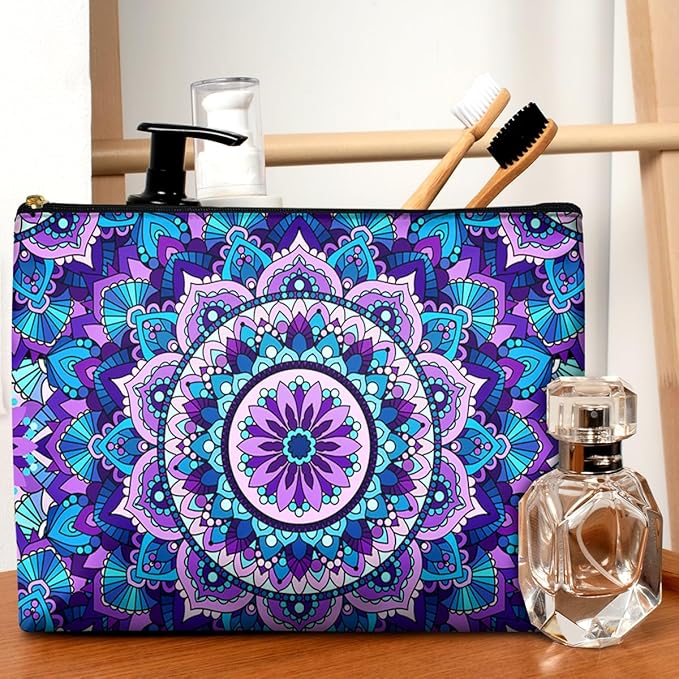 Cute Makeup Bag for Purse Waterproof Cosmetic Bags for Women Funny Smooth Zipper Travel Toiletry Pouch 10X8 Inches-Purple Mandala Makeup pouch