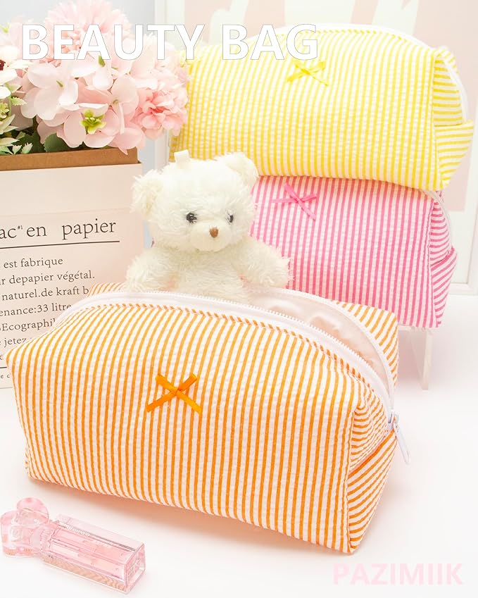 PAZIMIIK Cozy Makeup Bag Small Aesthetic Travel Zipper Cosmetic Pouch for Women Make Up Beauty Accessories Brushes, Stripe Orange