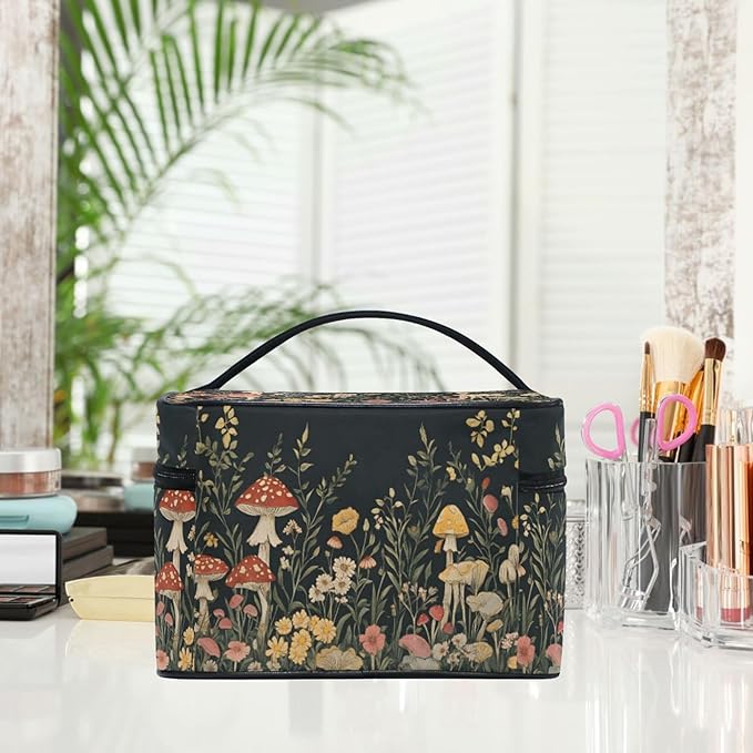 MNSRUU Makeup Bags, Vintage Wildflower Mushrooms Makeup Organizer Bags Toiletry Bag Box Travel Cosmetic Bag Make Up Train Case for Women Teen Girl Ladies