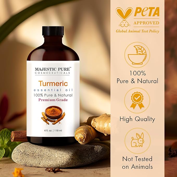 Majestic Pure Turmeric Essential Oil with Glass Dropper - 4 Fl Oz - 100% Pure and Natural Turmeric Oil - Premium Grade Essential Oils for Diffuser, Aromatherapy, Soap and Candle Making