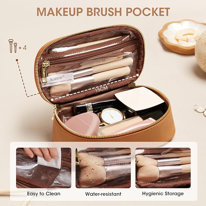 Kattee Makeup Bag for Women, Leather Cosmetic Bag, Working Makeup Bags for Ladies with Handles, Portable Travel Toiletry Bag, Brown