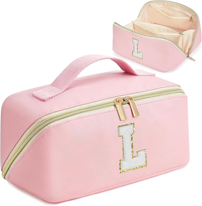 for Christmas Day Gifts, Makeup Bag for Women, PU Leather Travel Toiletry Bags, Initial Make Up Cosmetic Pouch for Teen Girls, Wide Open Portable Skincare Bag, Personalized Birthday Gifts, Pink L