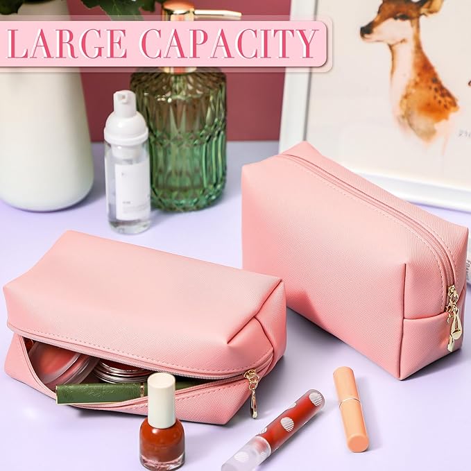 Sanwuta 9 Pcs Makeup Bags Bulk PU Double Zippers Cosmetic Bag Makeup Toiletry Christmas Small Pouch Portable Travel Organizers Case for Women Bridesmaid Party End of The Year(Pink)