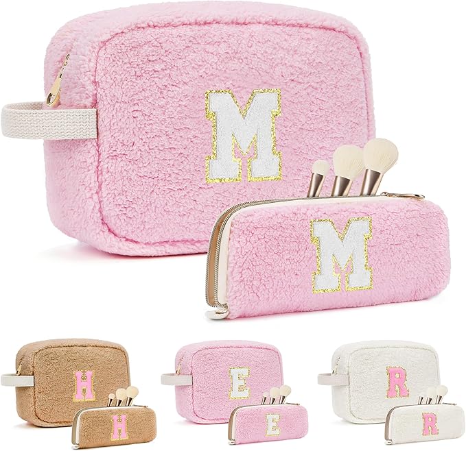 2PCS Makeup Bag with Initials, Christmas Day Gifts for Teen Girls Trendy Stuff, Personalized Cosmetic Travel Bag Pouch for Granddaughter, Cute Plush Make up Bags for Birthday - Pink M
