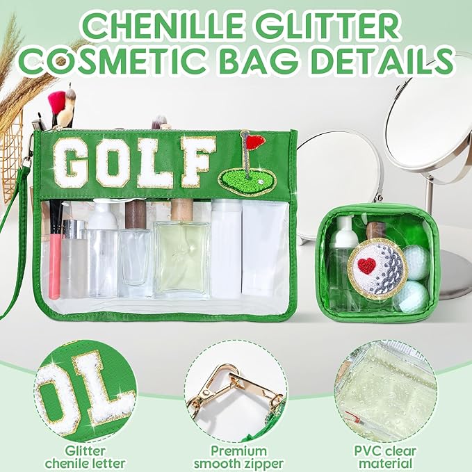 Hillban 2 Pcs Golf Gifts for Women Makeup Cosmetic Bag Chenille Letter Pouch Clear Toiletry Zipper Pouch Golf Accessories Travel Purse Preppy Patch Flat PVC Waterproof Organizer Storage Bag for Girls
