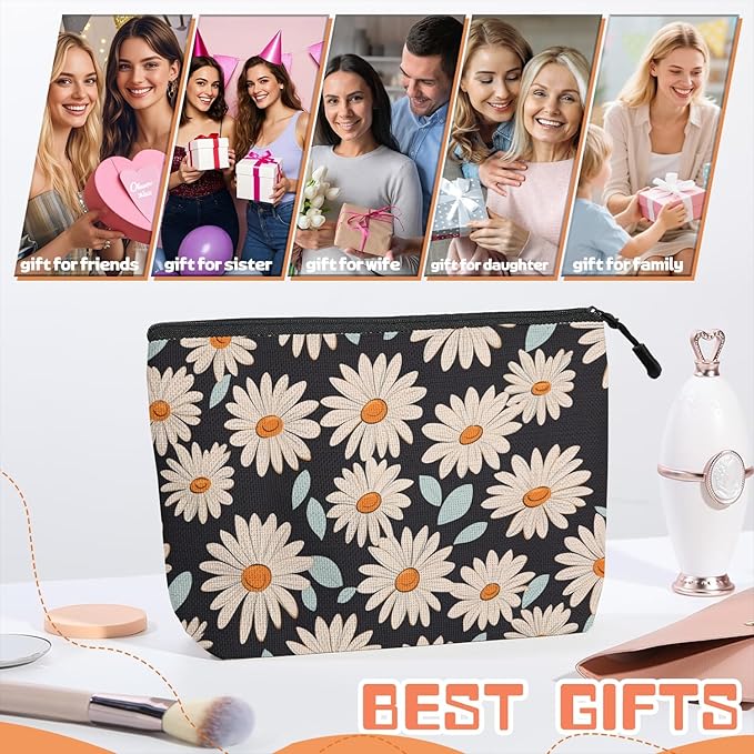 Cosmetic Bags Travel Makeup Toilet Case Waterproof Pouch for Women Girls 6.7X9.45inches - Daisy Pattern With Light Blue Leaves on Black
