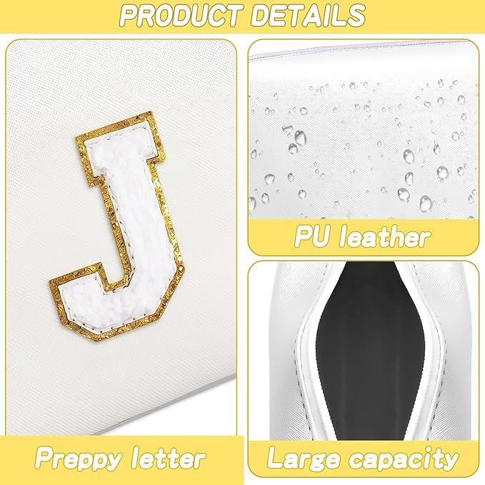 Gifts for Girls Initial Makeup Bag Personalized Cosmetic Bag with Zipper Cute Travel Toiletry Bags Waterproof PU Preppy Makeup Pouch Birthday Gift for Teen Girls Women(White J)