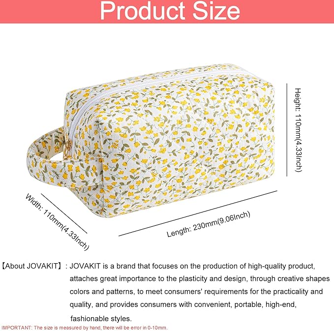JOVAKIT Travel Makeup Bag Cosmetic Bag for Women, Christmas Gifts, Small Floral Flowers Coquette Toiletry Bag with Handle, Zipper Make Up Pouch Organizer Bag Trendy Stuff (Yellow Floral)
