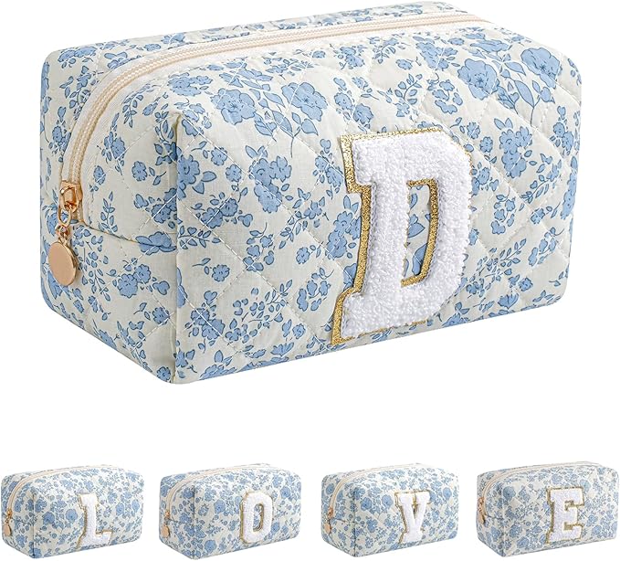 JOVAKIT Alphabet Makeup Bag Cosmetic Bag for Women, Christmas Gifts for Girls Age 6-18, Floral Flowers Coquette Travel Toiletry Zipper Make Up Pouch Organizer Trendy Stuff (Blue Floral D)