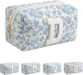 JOVAKIT Alphabet Makeup Bag Cosmetic Bag for Women, Christmas Gifts for Girls Age 6-18, Floral Flowers Coquette Travel Toiletry Zipper Make Up Pouch Organizer Trendy Stuff (Blue Floral D)