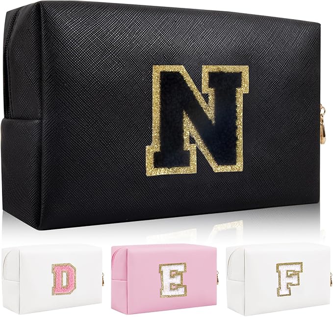 Personalized Initial Letter Patch Makeup Bag, Preppy Portable Chenille Cosmetic Bag with Zipper, PU Leather Waterproof Travel Toiletry Bag Monogram Make Up Pouch for Women Girls(Letter N)