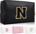 Personalized Initial Letter Patch Makeup Bag, Preppy Portable Chenille Cosmetic Bag with Zipper, PU Leather Waterproof Travel Toiletry Bag Monogram Make Up Pouch for Women Girls(Letter N)