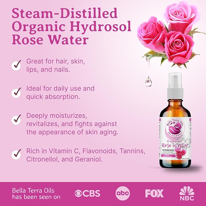 Bella Terra Oils - Rosewater Spray 8oz - Crafted from the Heart of Roses, Subtle Face and Hair Refreshment, Pure Bulgarian Rose Essence