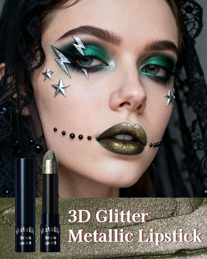 Glitter Metallic Shimmer Lipstick, Green Lipstick Long Lasting, Diamond High Pigmented Shiny Metallic Lip Stick, Non-sticky Sparkly Green Lipsticks for Women Christmas Makeup-15