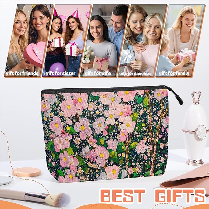 Cosmetic Bags Travel Makeup Toilet Case Waterproof Pouch for Women Girls 6.7X9.45inches - Lovely Pink - Bloom Tapestry