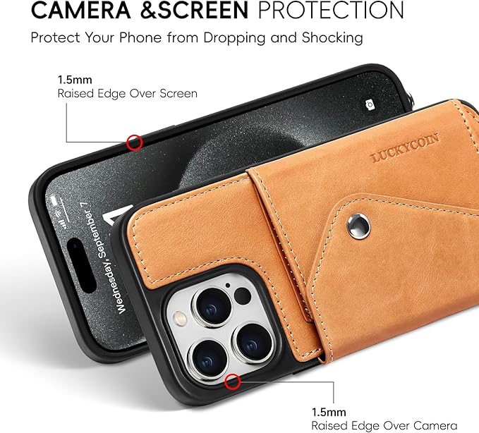 LUCKYCOIN Crossbody Wallet Phone Case for iPhone 15 Pro Max,100% Genuine Leather Wallet Phone Case with Expandable Flip Card Holder,Phone Purse for Women with Adjustable Removable Strap - Tan