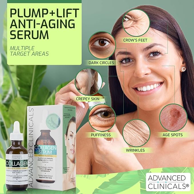 Advanced Clinicals Collagen Serum For Face | Visible Anti Aging Collagen Peptide Serum + Hyaluronic Acid Moisturizer Improves Look Of Wrinkles, Dry Skin, & Fine Lines, No added Fragrance, 2-Pack