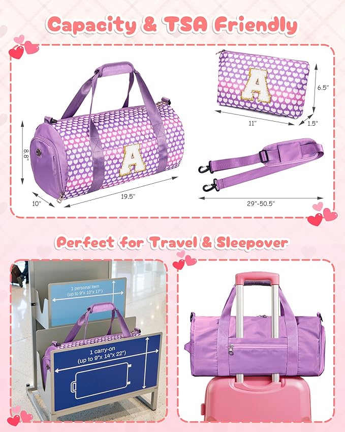 Christmas Gifts for Grandkids, Girls Travel Duffel Bag, Kids Initial Overnight Bags with Shoe Compartment, Personalized Gym Ballet Dance Bag with Makeup Pouch, Birthday Gift Ideas (Letter E)