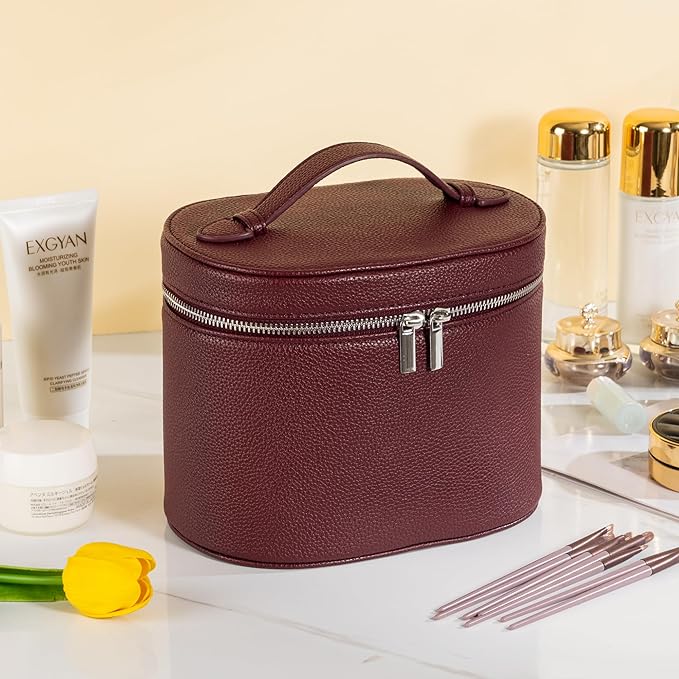 Makeup Bag Vanity Case Cosmetic Bag with Removable Divider Travel Toiletry Bag for Women Portable Make up Box Organizer, Burgundy