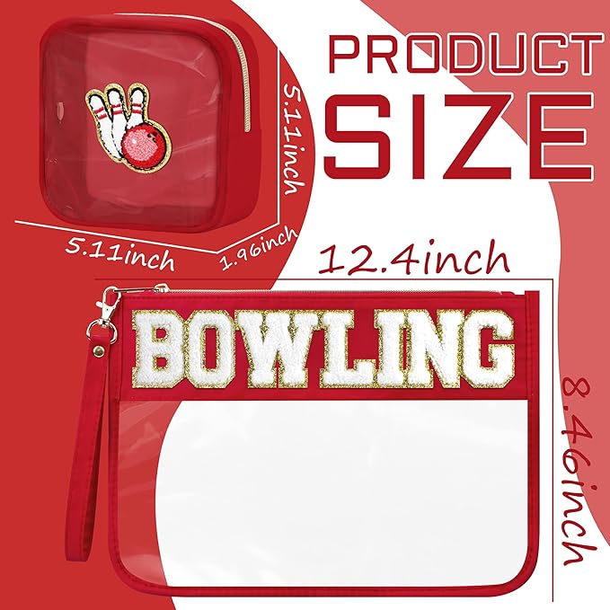 2 Pcs Bowling Gifts Makeup Bag with Chenille Letter Patch, Clear Cosmetic Pouch PVC Organizer Purse, Waterproof Travel Bag, Portable Toiletry Storage Bag for Her Girls Friends Women