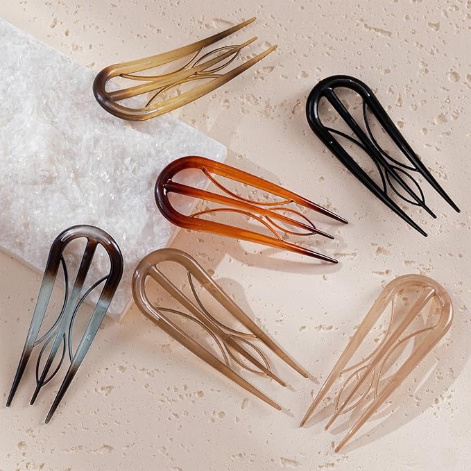 Sunolga 6PCS French Hair Pins for Women, French Pins Hair, Large Hair Styling Pins for Thin Thick Hair, Unique 3 Internal Teeth Hair Sticks Hairpin（Amber）