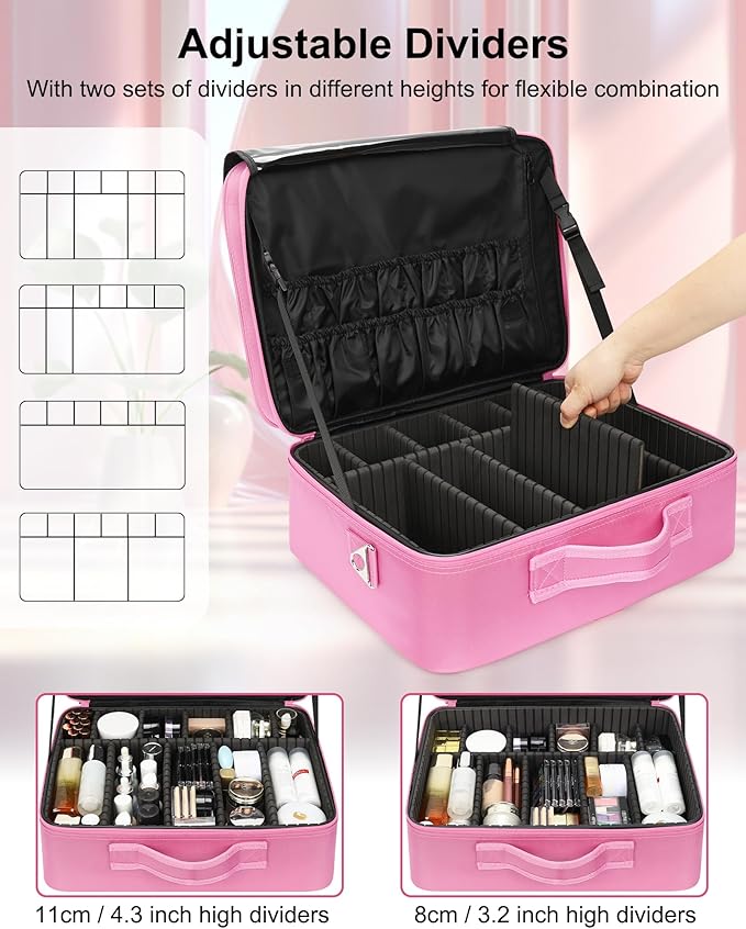 Relavel Extra Large Makeup Case Travel Train Case Professional Makeup Artist Bag Portable Nail Organizer Box Art Supply Case with Adjustable Dividers/Attach to Trolley/Shoulder Strap (Rose Pink)