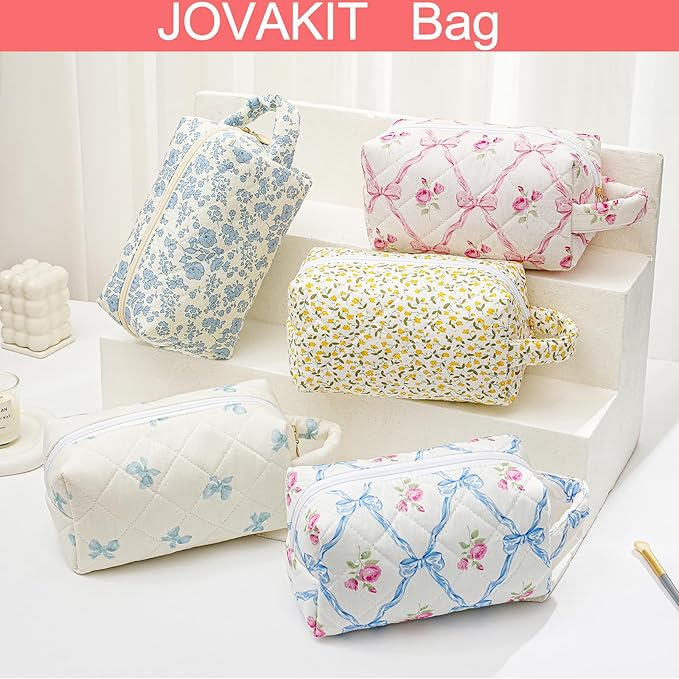 JOVAKIT Travel Makeup Bag Cosmetic Bag for Women, Christmas Gifts, Small Floral Flowers Coquette Toiletry Bag with Handle, Zipper Make Up Pouch Organizer Bag Trendy Stuff (Yellow Floral)