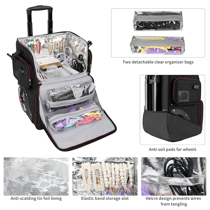 Large Makeup Train Case with Makeup Travel Bag and 4 Clear Makeup Bags for Hairstylist, Hairdresser Bag with Detachable Pouch,Heat Insulation Anti-scalding for Hairdressing Organizer Big wheels