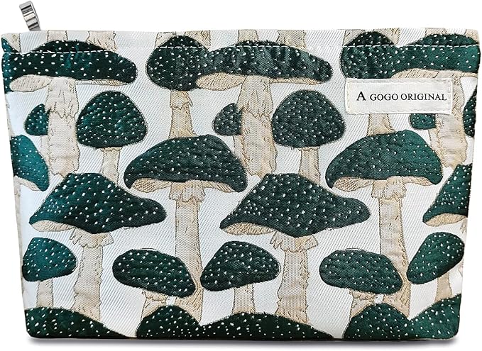 STARDW Cute Makeup Bag Aesthetic Cosmetic Bags for Women Girls, Travel Toiletry Bag Large Capacity Zipper Makeup Pouch, Purse Organizer Pouches,Canvas Lining (Green Mushroom)