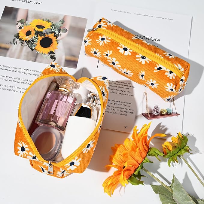 SOIDRAM Makeup Bag Floral Cosmetic Bag Cute Makeup Pouch 1Pcs Large Capacity Makeup Bags and 1Pcs Makeup Brushes Storage Bag Travel Toiletry Bag Organizer