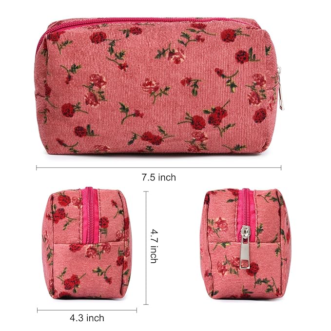 SOIDRAM 2 Pieces Makeup Bag Floral Cosmetic Bag Purple Blue Makeup Pouch Travel Toiletry Bag Organizer Cute Makeup Brushes Storage Bag for Women, White&Pink Rose