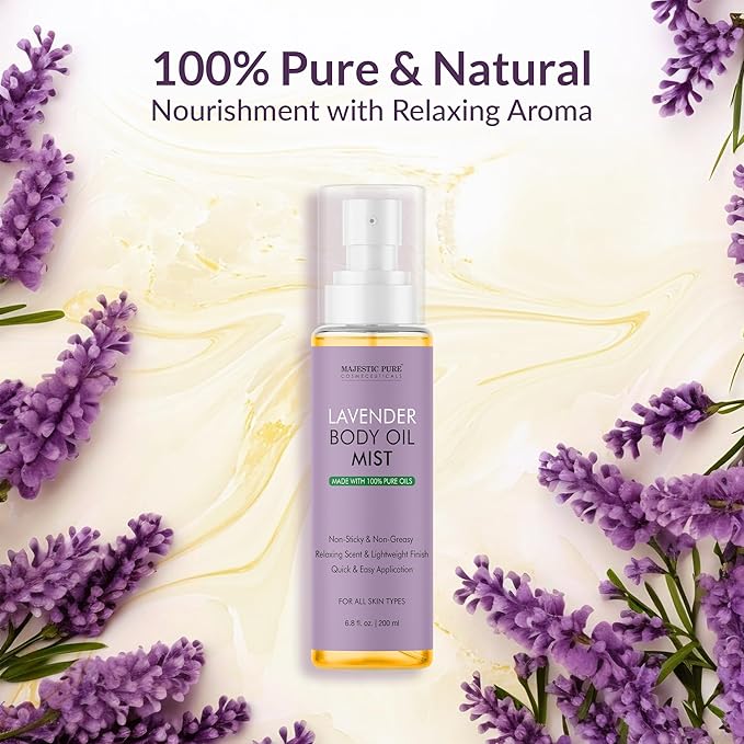 Majestic Pure Lavender Oil Body Mist- 100% Pure & Natural - After Shower Body Oils for Women and Men - Scented, Radiant, Skin Therapy Firming Massage Oil - 6.8 Fl Oz