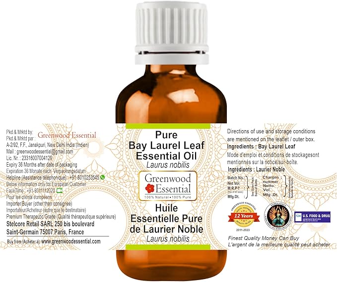 Greenwood Essential Bay Laurel Leaf Essential Oil (Laurus nobilis) Pure | Non-Sticky | Non-Greasy | Lightweight | Men & Women | All Skin Types | Steam Distilled 10ml (0.33 oz)