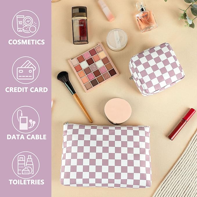 Checkered Makeup Bag, Travel Cosmetic Bag Organizer Toiletry Bag Make Up Bags with Zipper & Compartments for Women Girls, 2PCS