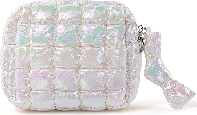 Yarnic Quilted Makeup Bag Cosmetic Bag, Travel Toiletry Bag for Women, Cute Makeup Bag Organizer Puffer Makeup Pouch (Iridescent White, S)