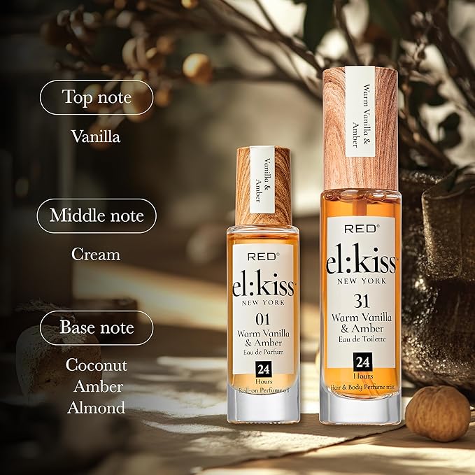 EL:KISS Roll On Perfume, Warm Vanilla & Amber Eau de Parfum 12mL (.40 Fl Oz), Hydrating & Long-Lasting, Alcohol-Free & Mineral Oil-Free, Infused with Jojoba, Argan & Coconut Oil